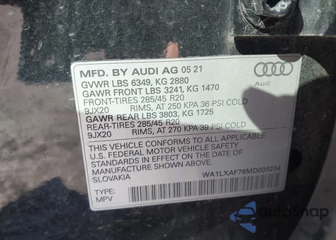2021 Audi Q7 Premium Plus 55 Tfsi Quattro Tiptronic z USA, uszkodzony, nr VIN WA1LXAF76MD039204